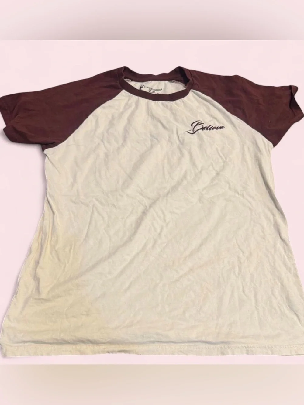 Raglan Tee with 'Believe' Script - Cream & Burgundy